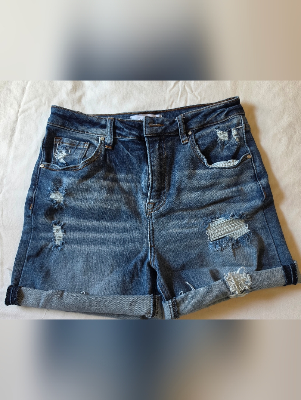 Women's Distressed Dark Wash Denim Roll-Cuff Shorts